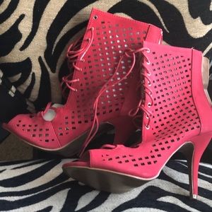Red Cut Out Lace Up Peep Toe Bootie-Sz 9